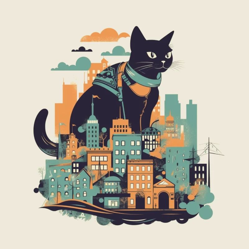 Chat noir assis devant une ville colorée
