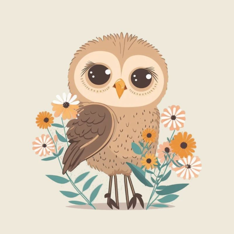 Hibou mignon dans la forêt de fleurs 2