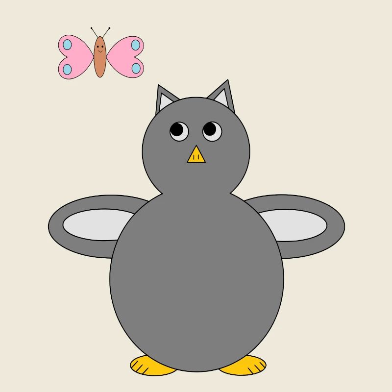 Graue Eule Kauz Uhu & rosa/blauer Schmetterling