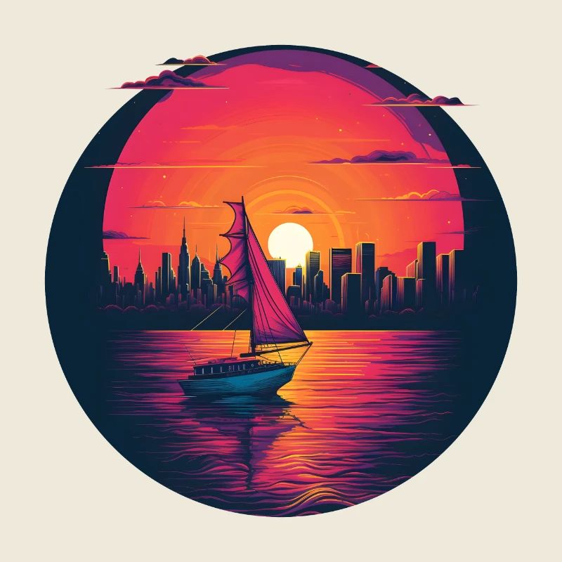 Synthwave sailing ship sunset