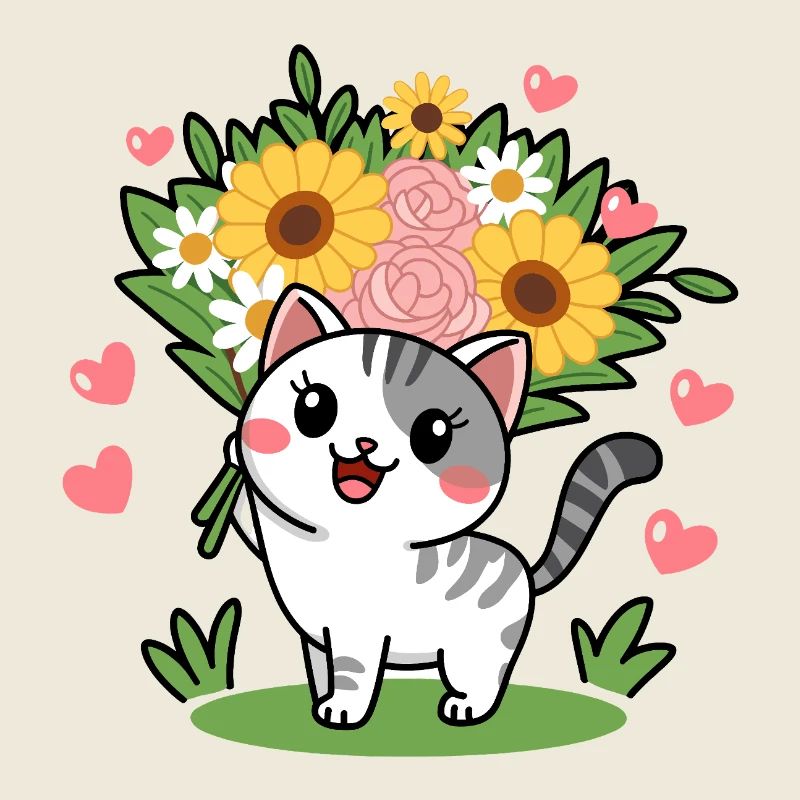 Chaton mignon avec bouquet de fleurs
