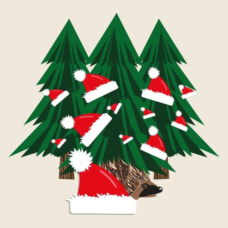 Igel im Wald mit Weihnachtsmützen.