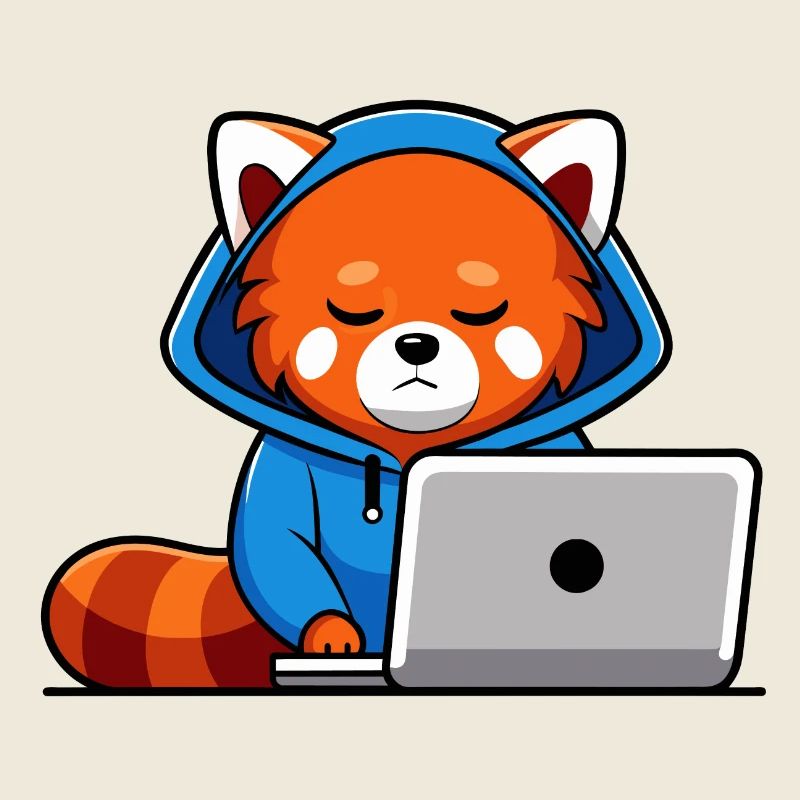 Mignon hacker panda roux en sweat à capuche devant PC