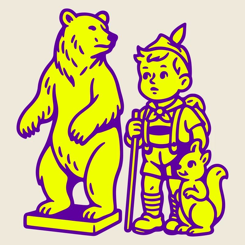 Pop-Art Stilleben mit Bär, Junge und Eichhörnchen