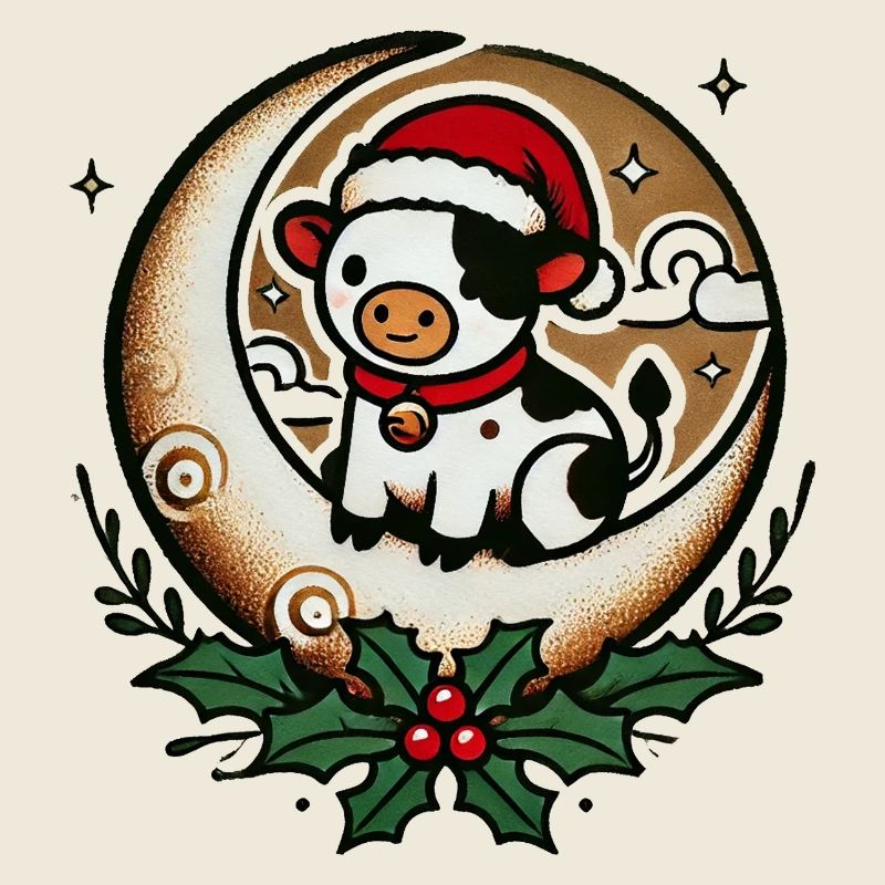 Vache Père Noël sur la lune avec houx