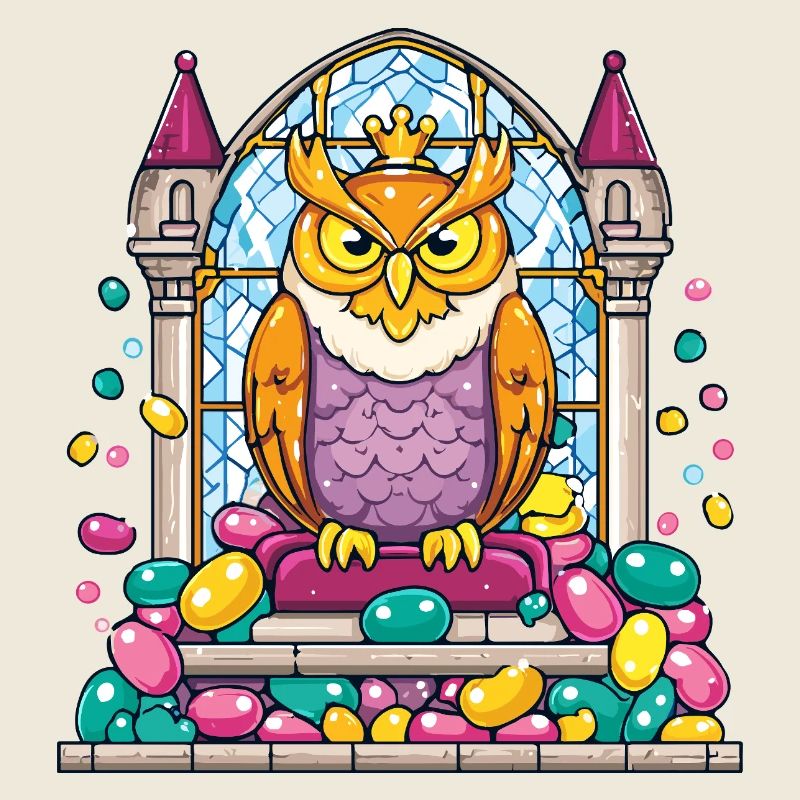 Kronen Eule Thron vor Glasfenster