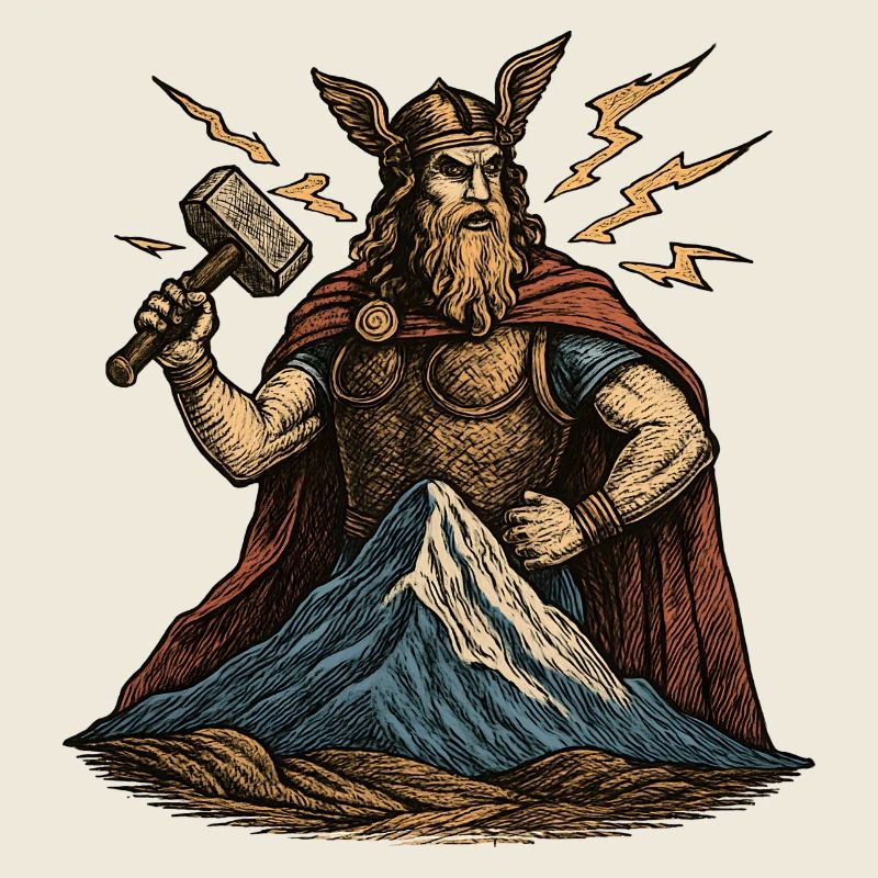 Thor with hammer over hilltop