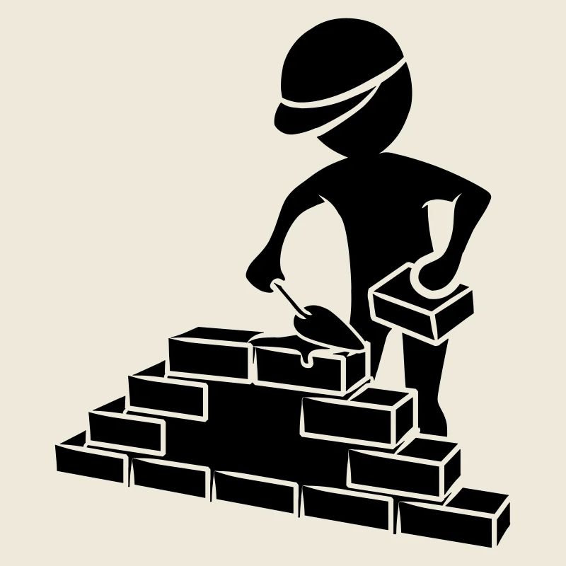 Construction workers with mason trowel, mortar and wall