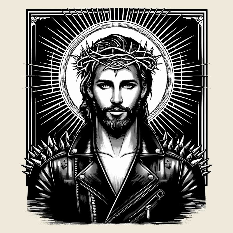 Jesus Christ with stylish hairstyle & leather jacket