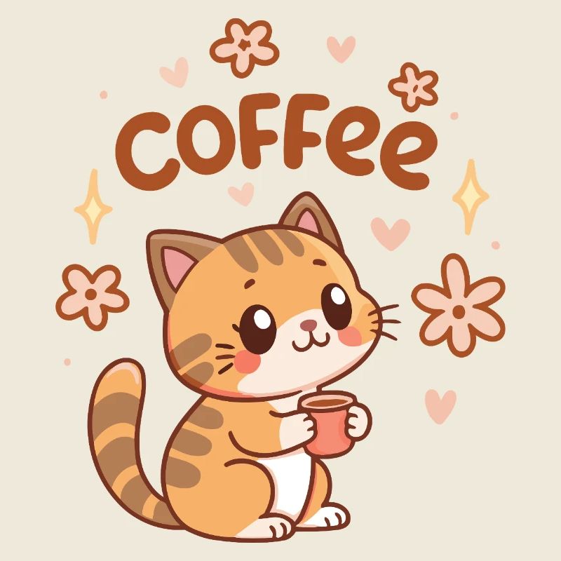 Cute Coffee Cat and Flowers