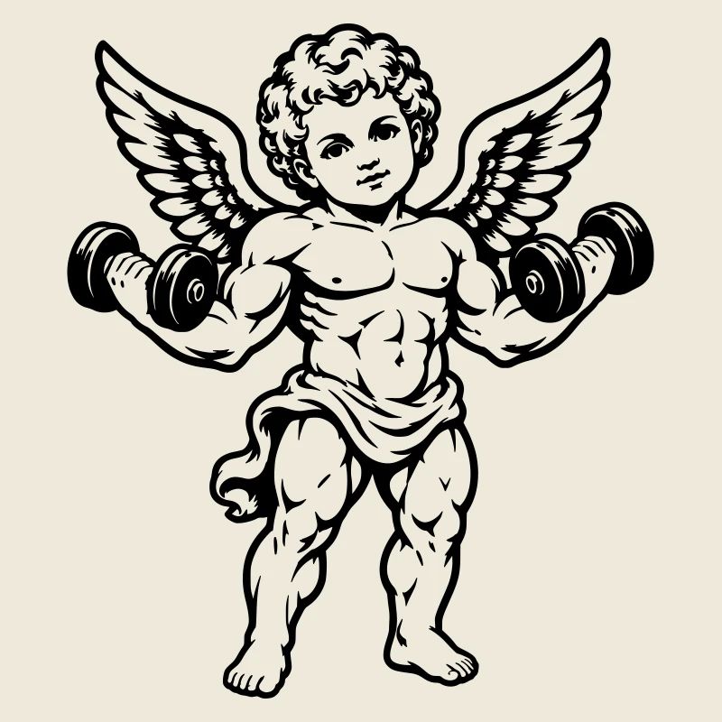 Starker Cherub trainiert mit Hanteln