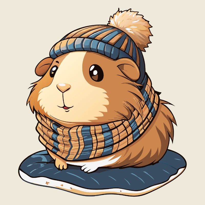 Mignon cochon d’Inde avec écharpe et chapeau à pompon.