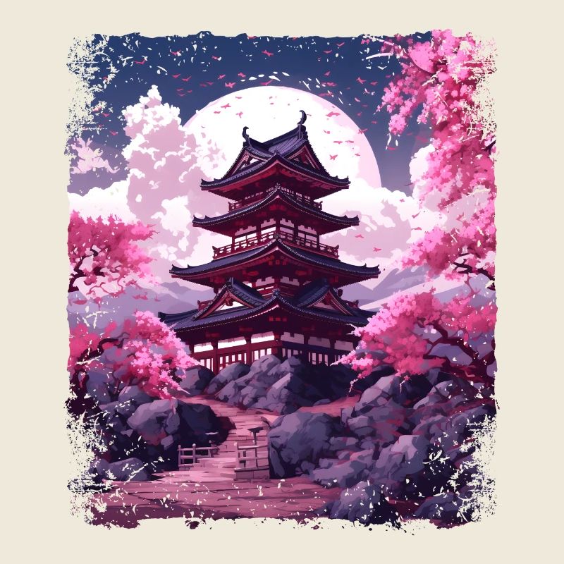 Kirschblüten-Sakura-Baum in einer Tempel-Dampfwelle