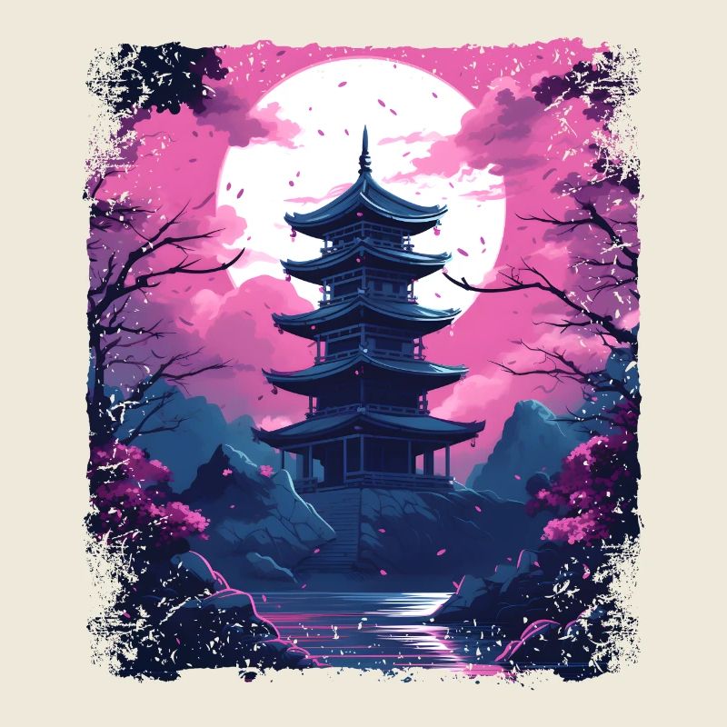 Sakura Cherry Blossom Tree dans un temple Vaporwave