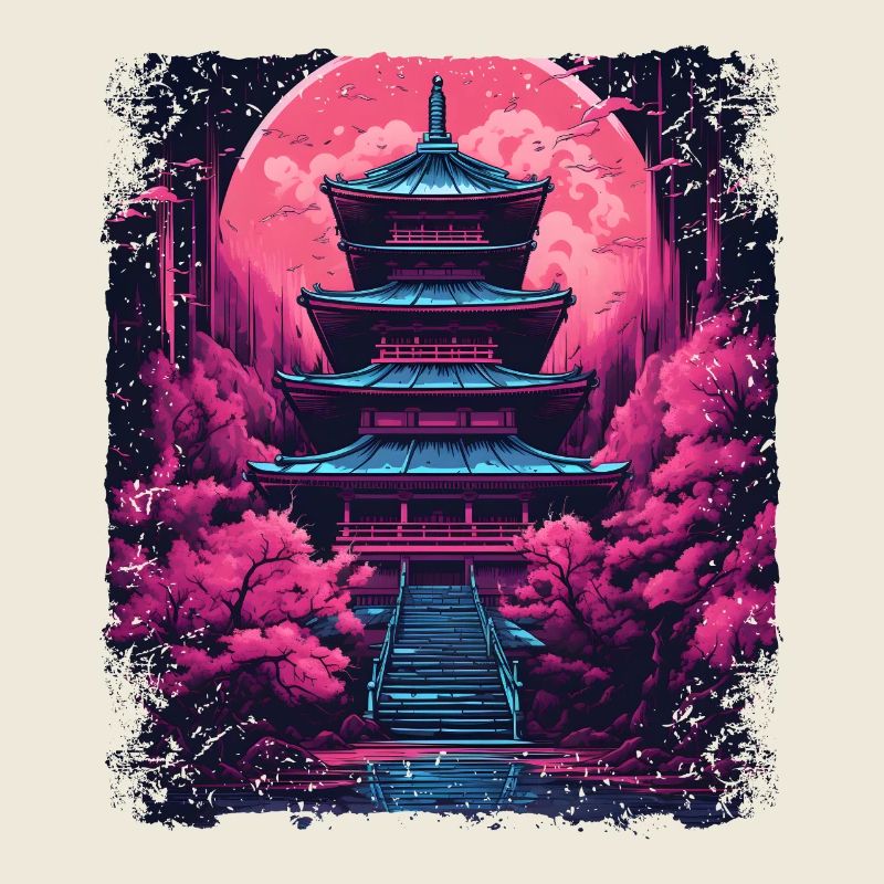 Vaporwave Cherry Blossom Sakura Tree dans un temple