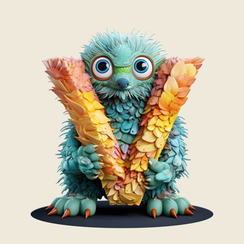 Feathery creature with letter V