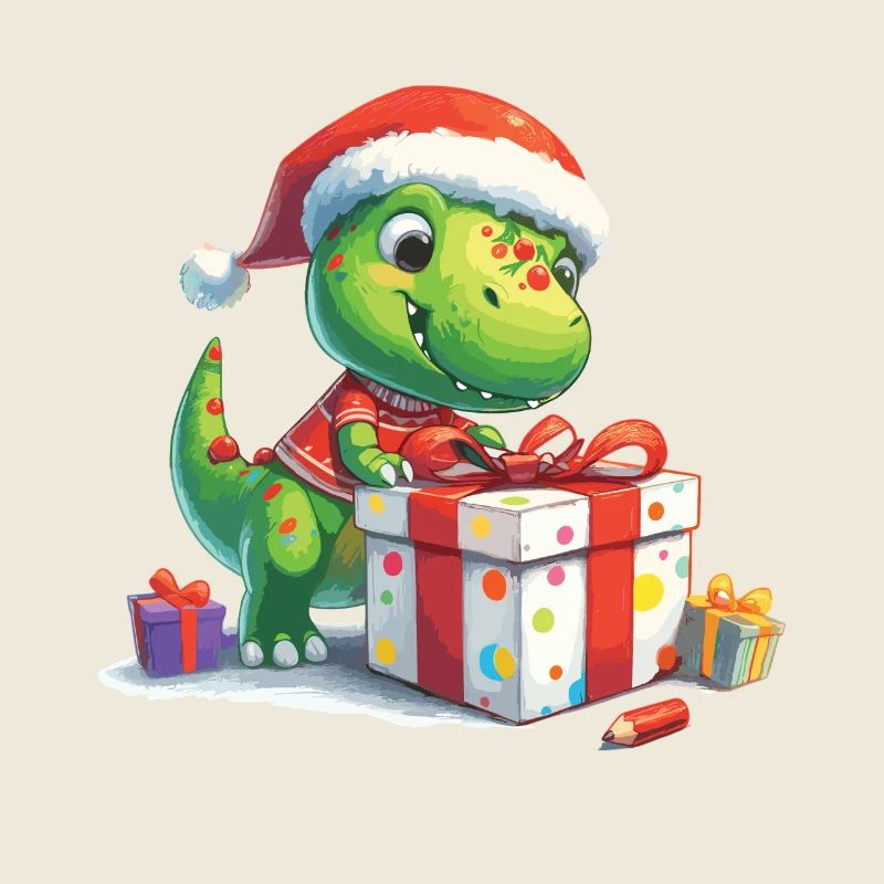 Kleiner T-Rex Dino packt Geschenke aus
