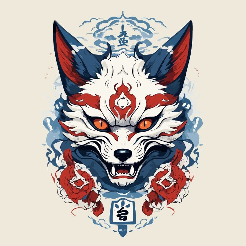 Masque Japonais Kitsune Yokai Ukiyo-E Design