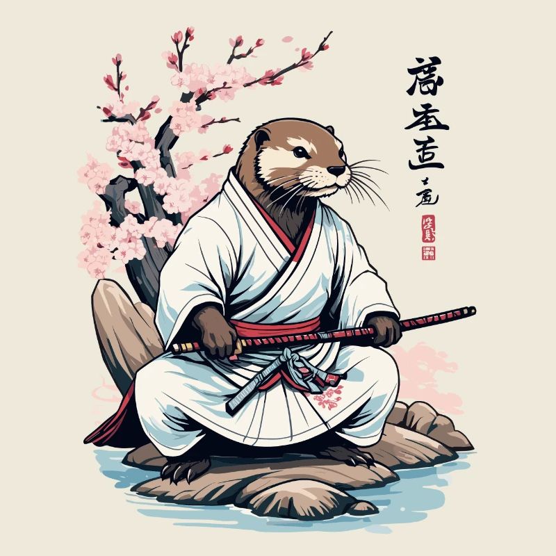 Otter Samurai Cute Japan Ukiyo-E Vintage Design