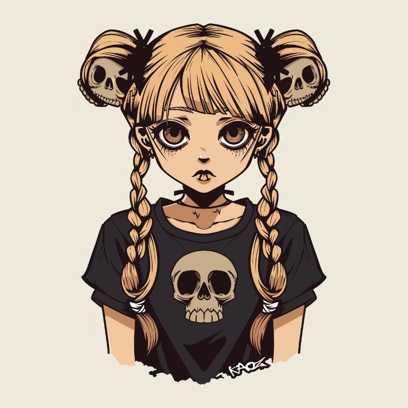 Anime Emo Mädchen mit Zöpfen und Totenköpfen