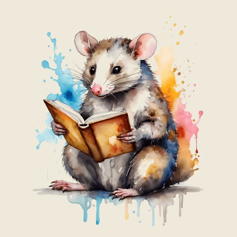 Opossum lisant l’impression colorée de conception animale