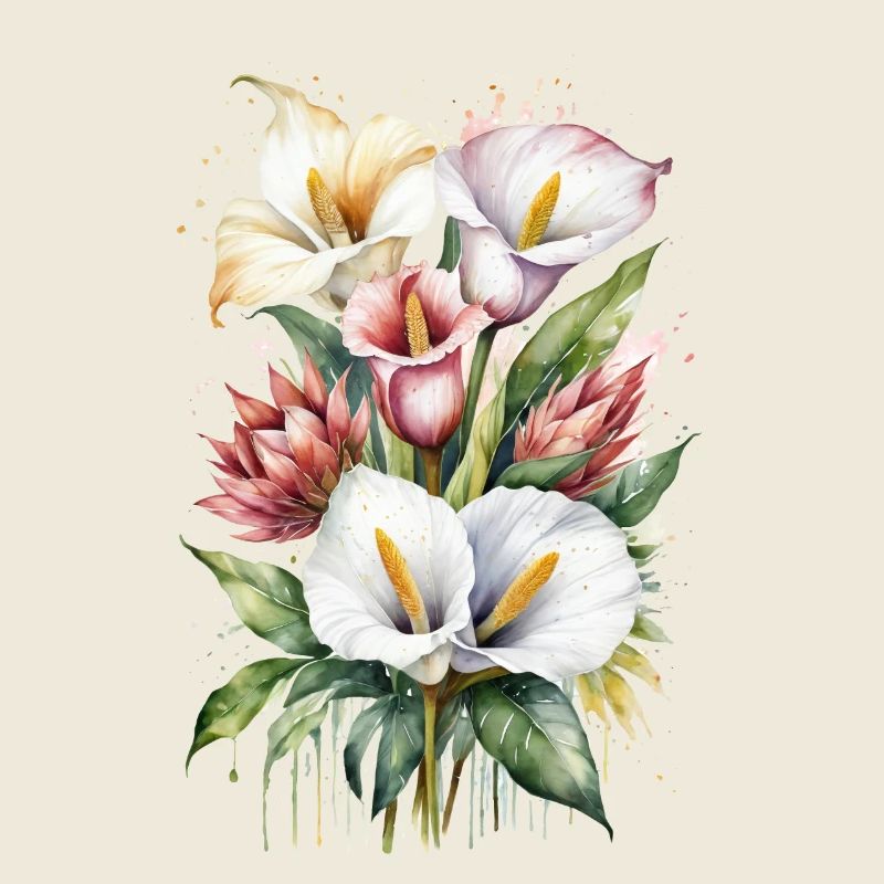 Lys Calla et fleurs de Protea à l’aquarelle