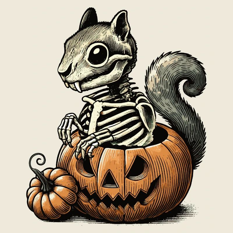 Skelett-Eichhörnchen Motiv in einem Kürbis