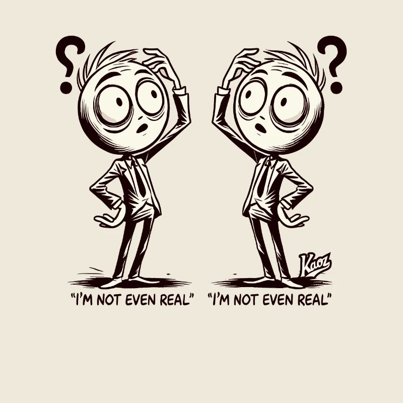 Cartoon man in doubt: Am I real at all?
