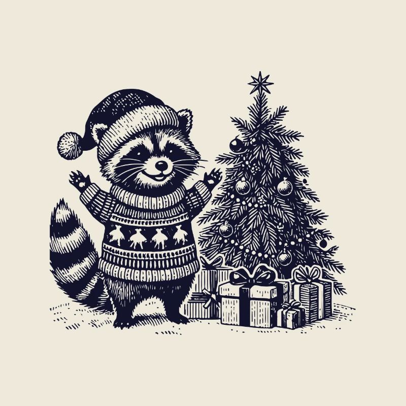 Fröhlicher Waschbär Mit Weihnachtsbaum