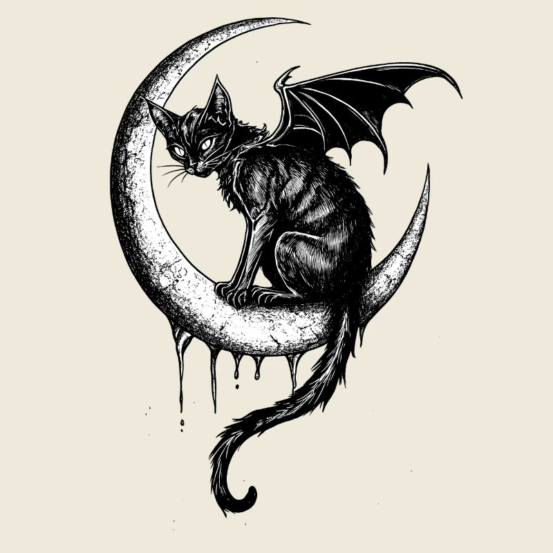 Gothic Black Cat Bat Wings Crescent Moon Dark