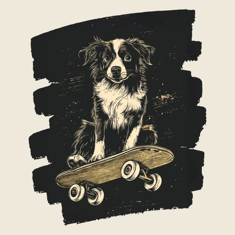Boarder Collie chien sur planche à roulettes