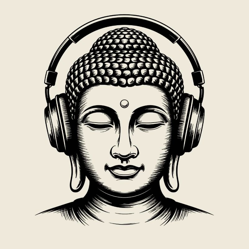 Buddha mit Kopfhörern Achtsamkeit Musik Boho Zen