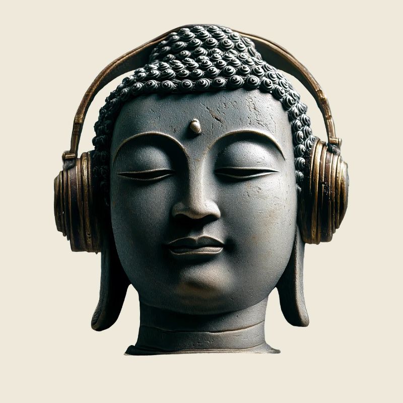 Buddha mit Kopfhörern Achtsamkeit Musik Boho Zen