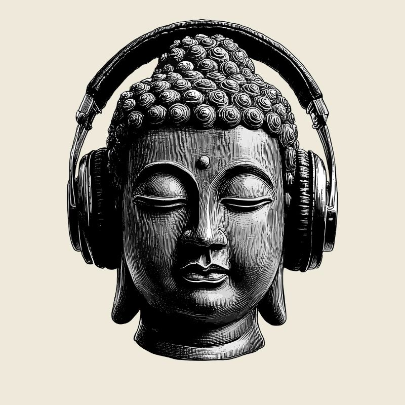 Buddha mit Kopfhörern Achtsamkeit Musik Boho Zen