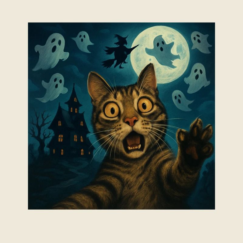 Cat Selfie Scary House Ghosts Witch Cat Halloween