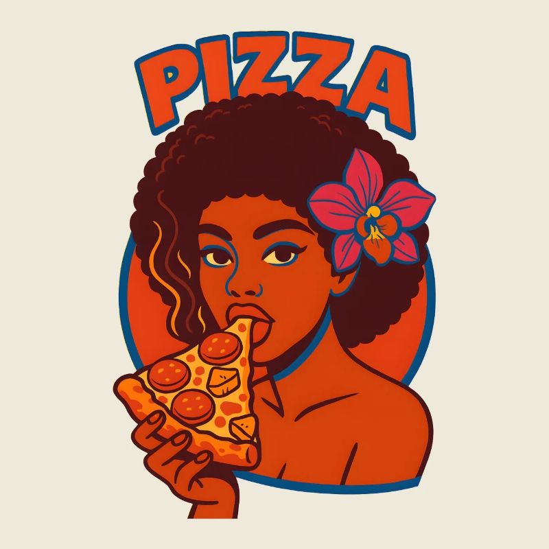 Femme afro avec pizza et illustration de fleur