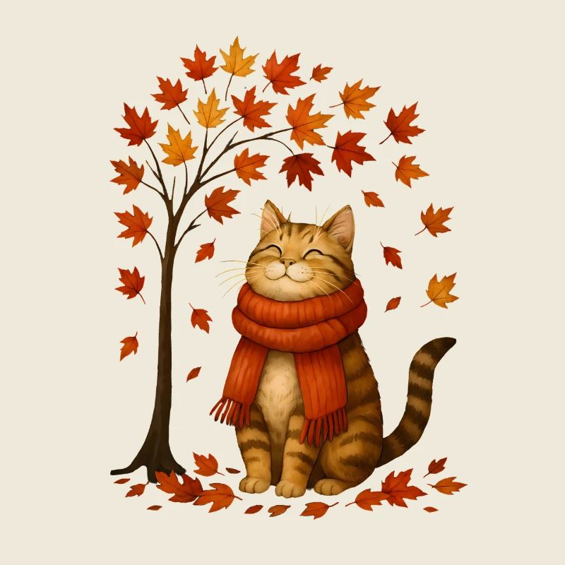 Chat d’automne avec écharpe rouge