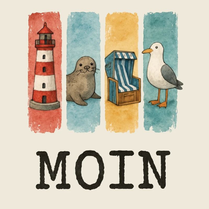 Moin Leuchtturm Robbe Strandkorb Möwe Küste