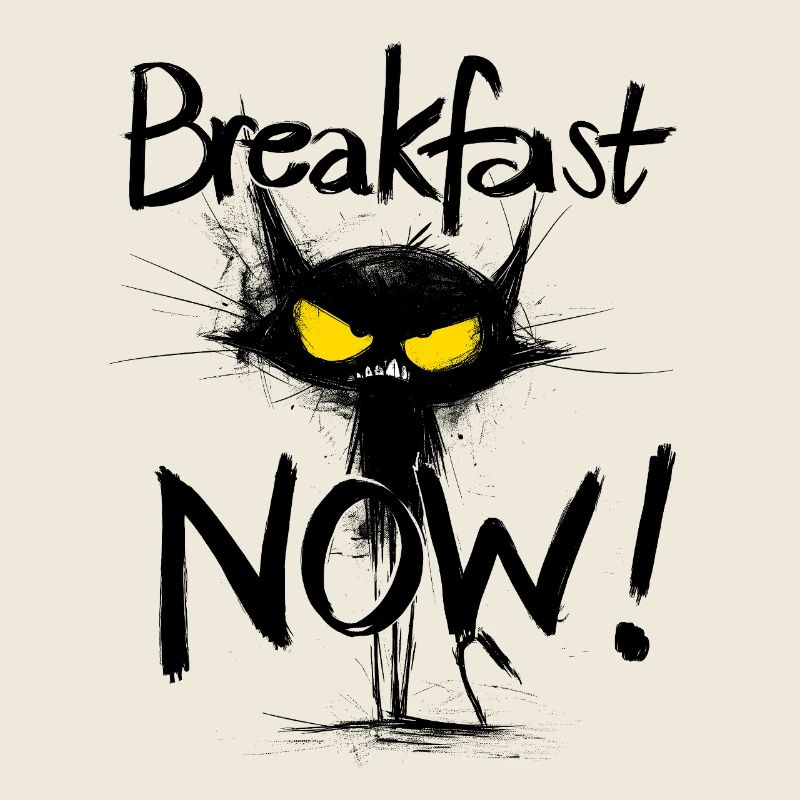 Grimmige schwarze Katze – Breakfast NOW!