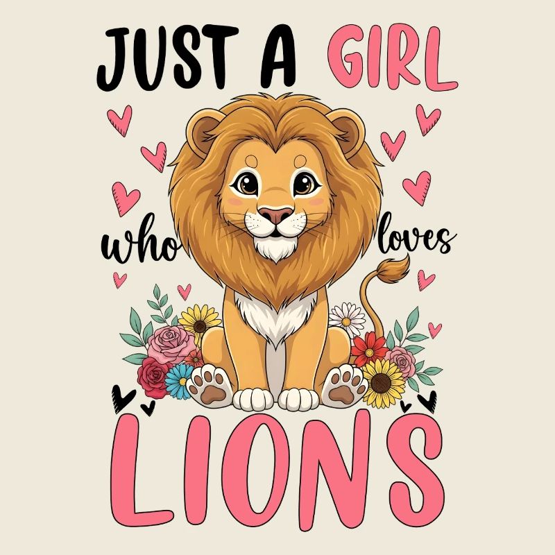 Fille lion dessin animé avec coeur de fleur