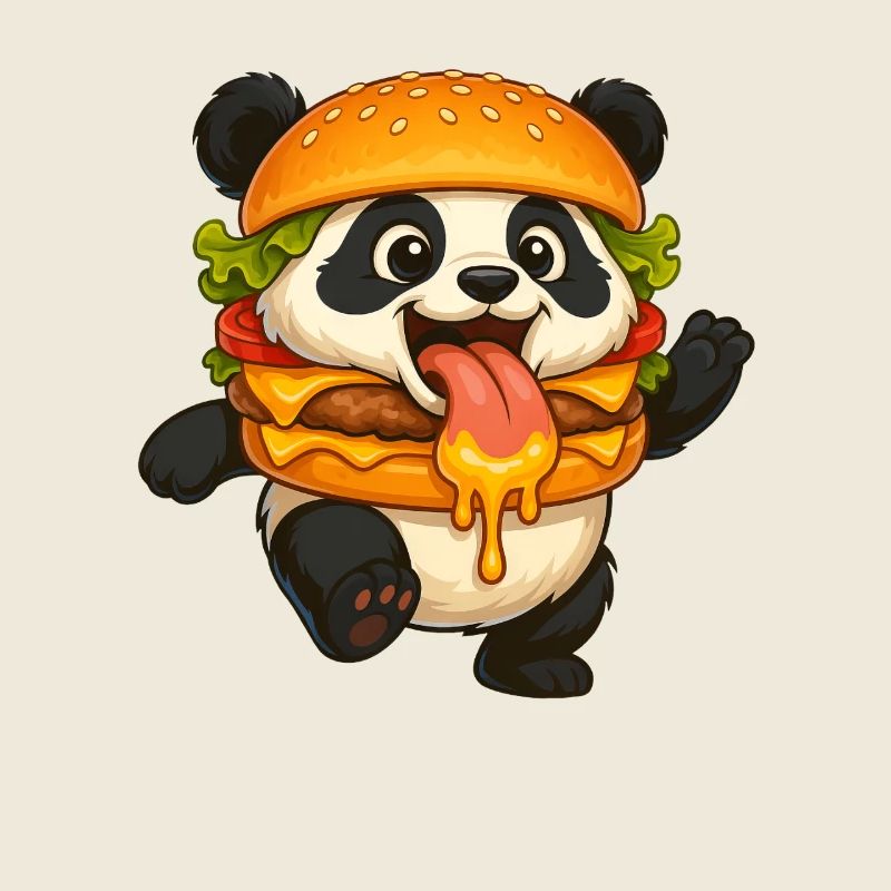 Funny panda with hamburger dancing fast food