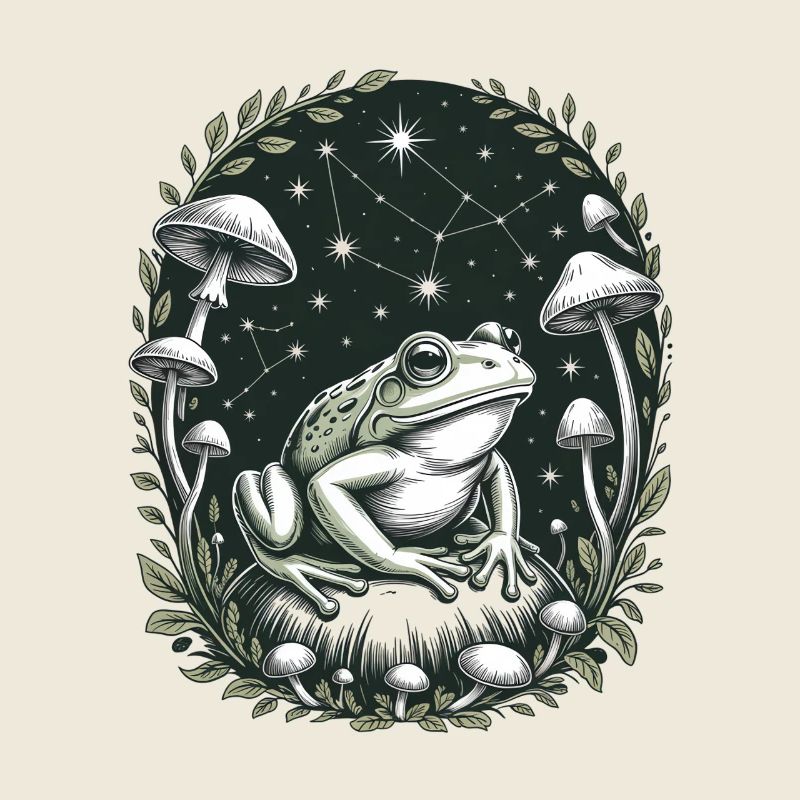 Grenouille cosmique avec des constellations et des champignons