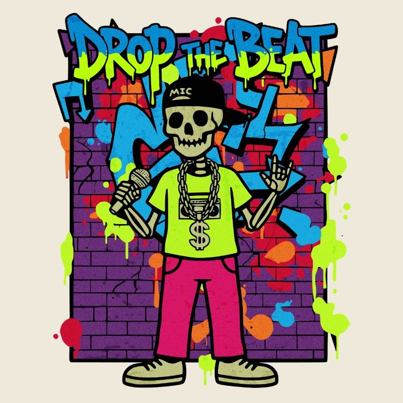 Drop the Beat – Neon Skeleton Rapper Graffiti 90s