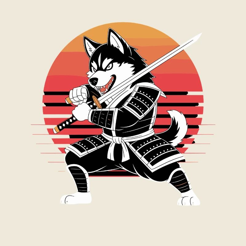 Guerrier samouraï husky avec katana avant rétro