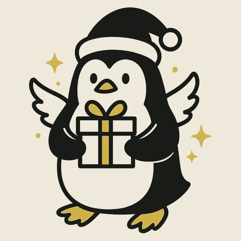 Pinguin mit Geschenk und Weihnachtsmütze
