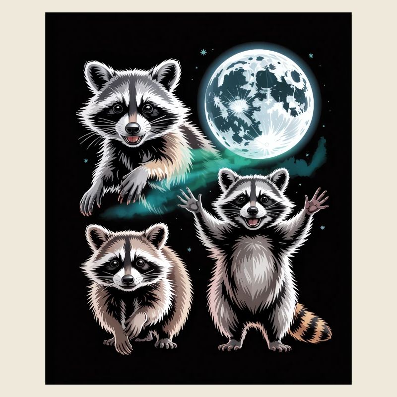 Three raccoons under the full moon