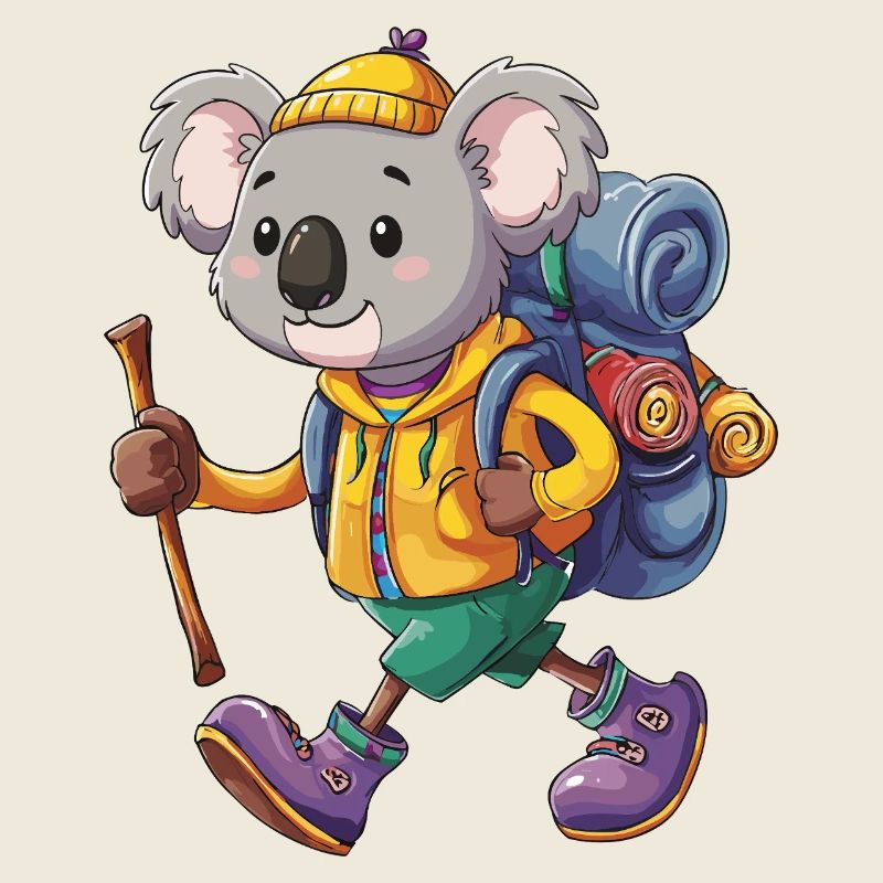 Süßer Koala-Wander-Camping-Abenteuer-Rucksacktourist.