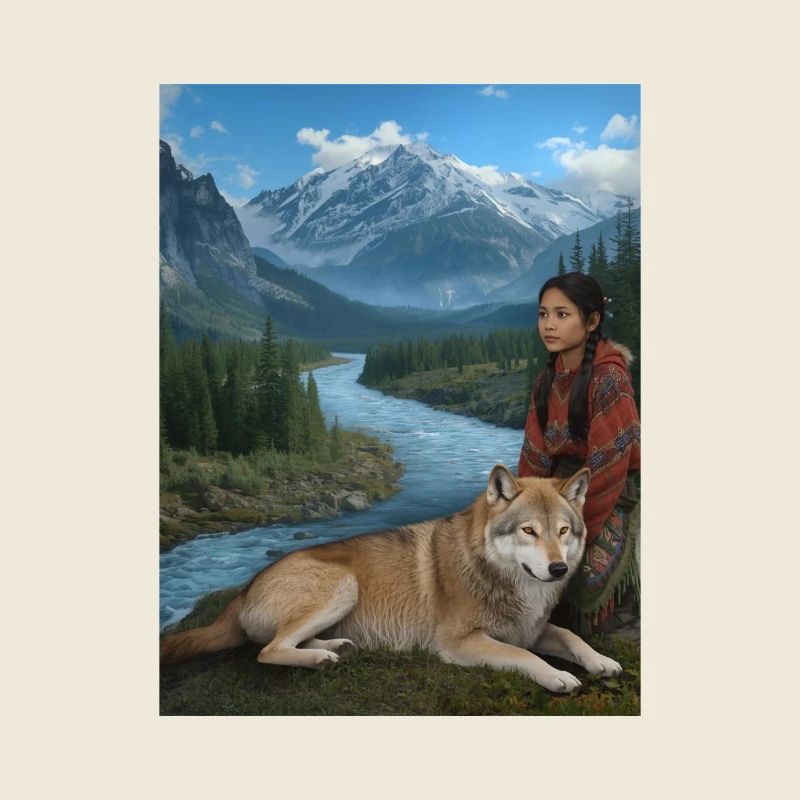 Wilde Berglandschaft mit Wolf und Frau