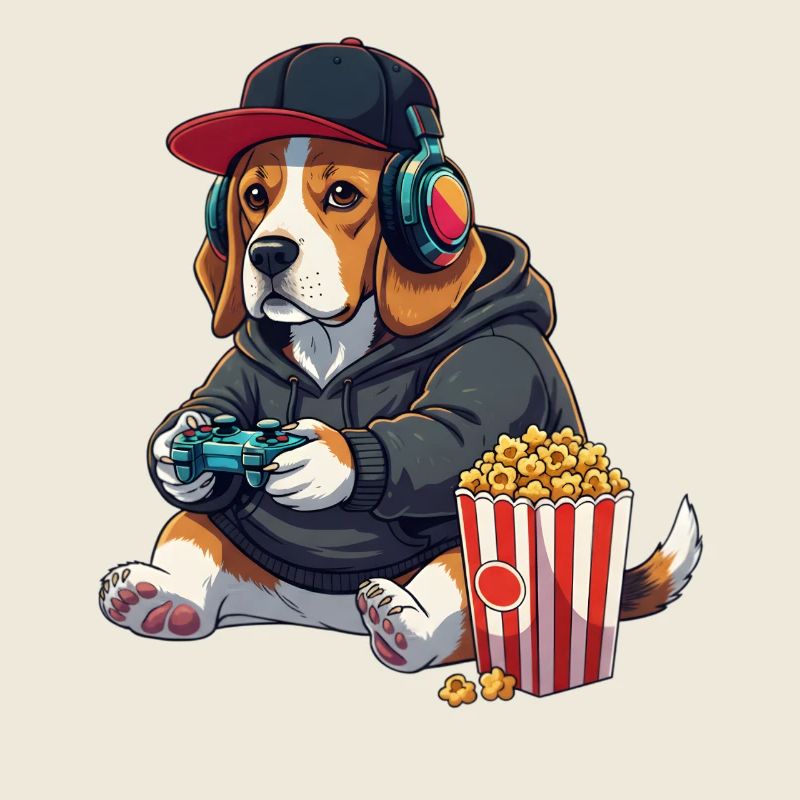 Chien beagle gamer avec du pop-corn