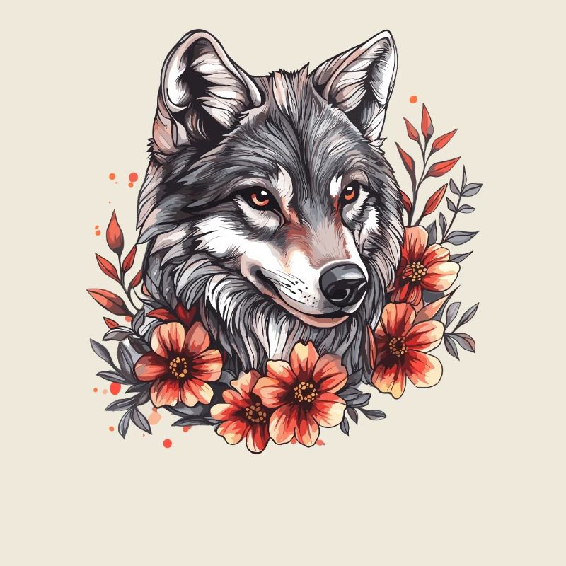 Wolfskopf mit Blumenring